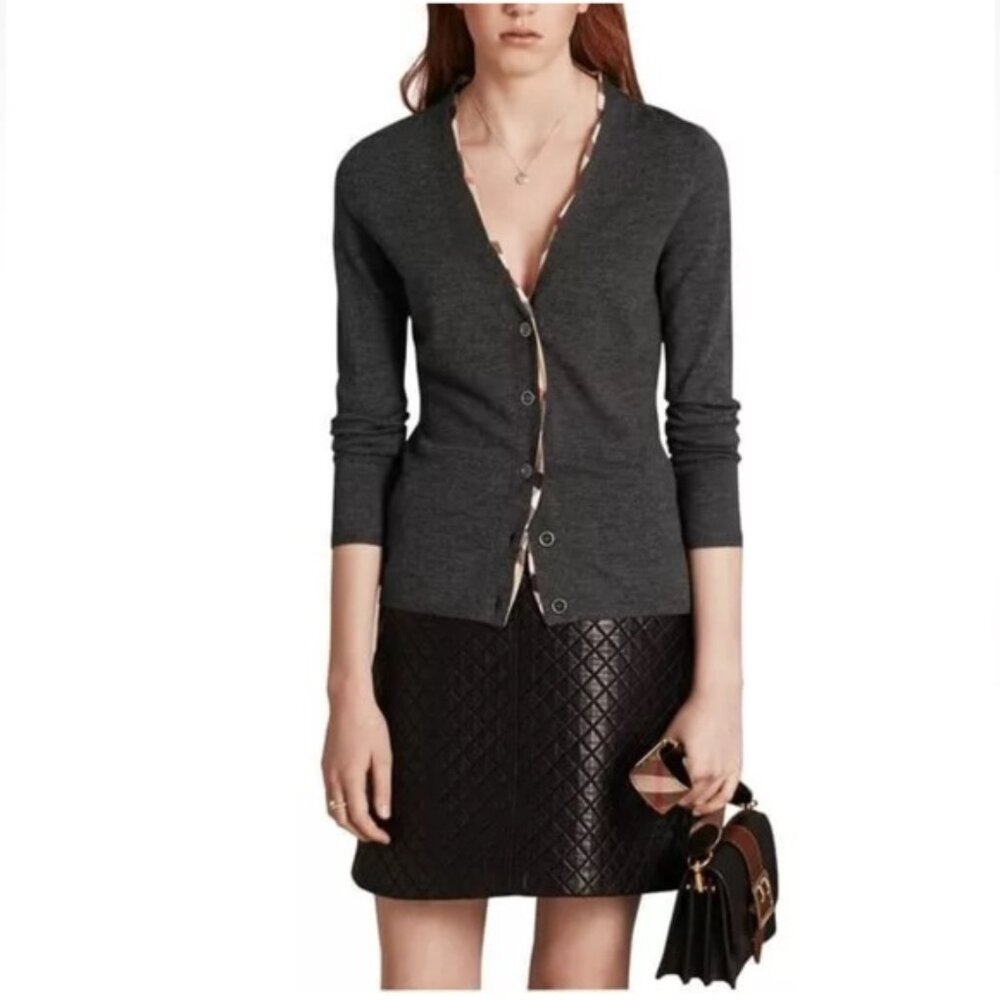 Burberry Brit Nova Check Trim Wool Cardigan Sweater V Buttons Lightweight Soft M